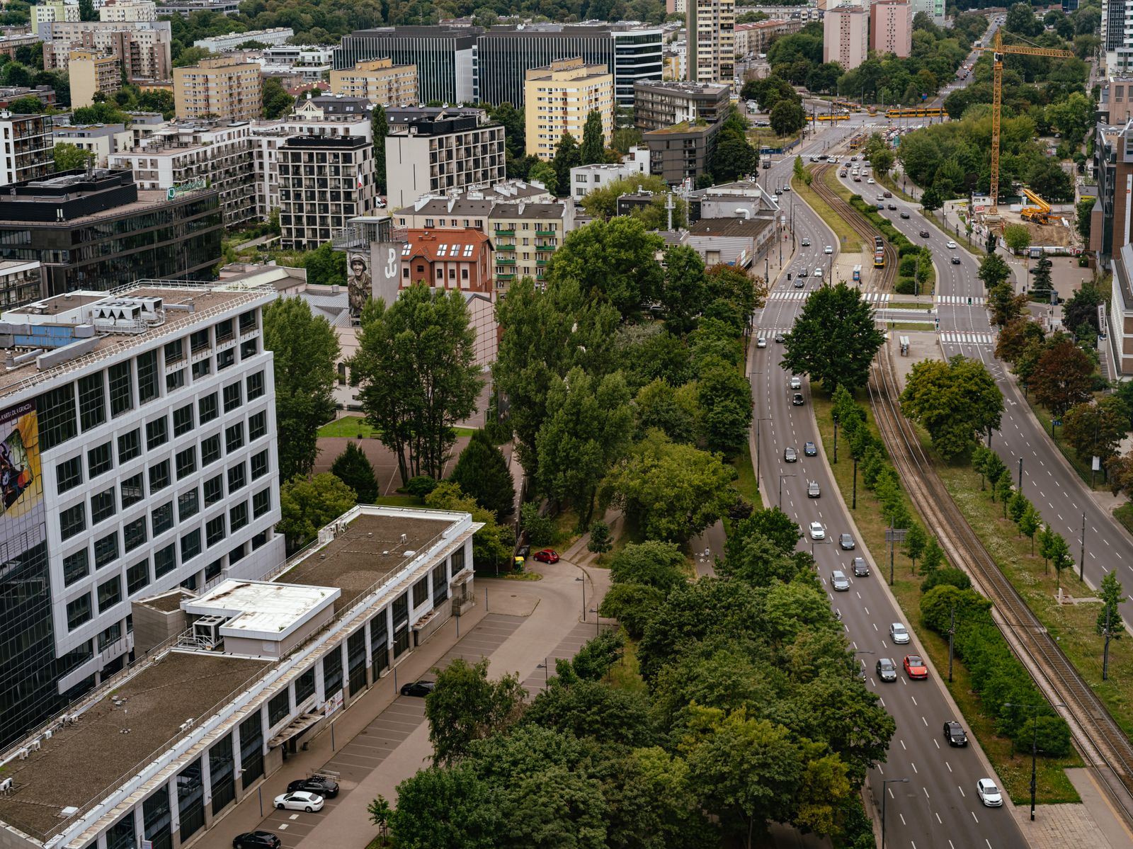 Suburban commercial corridor seen from the air