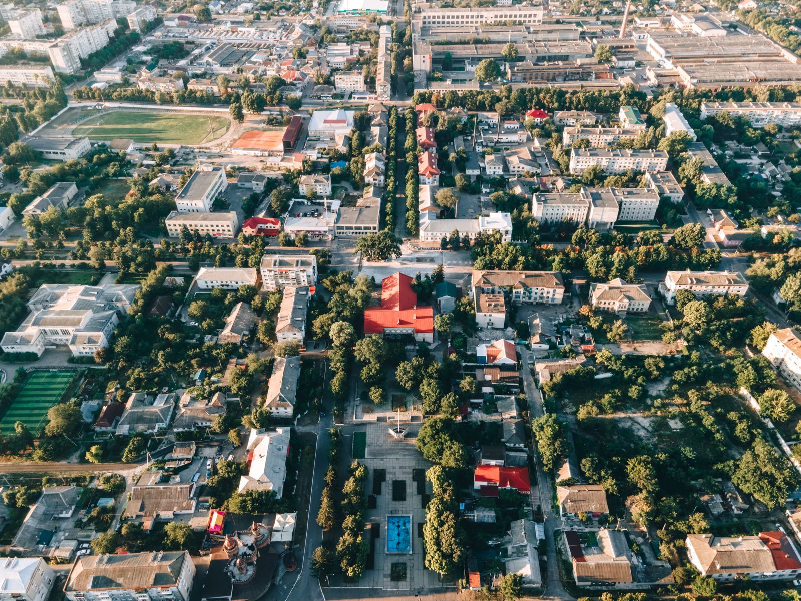 City street grid with older masonry buildings from above