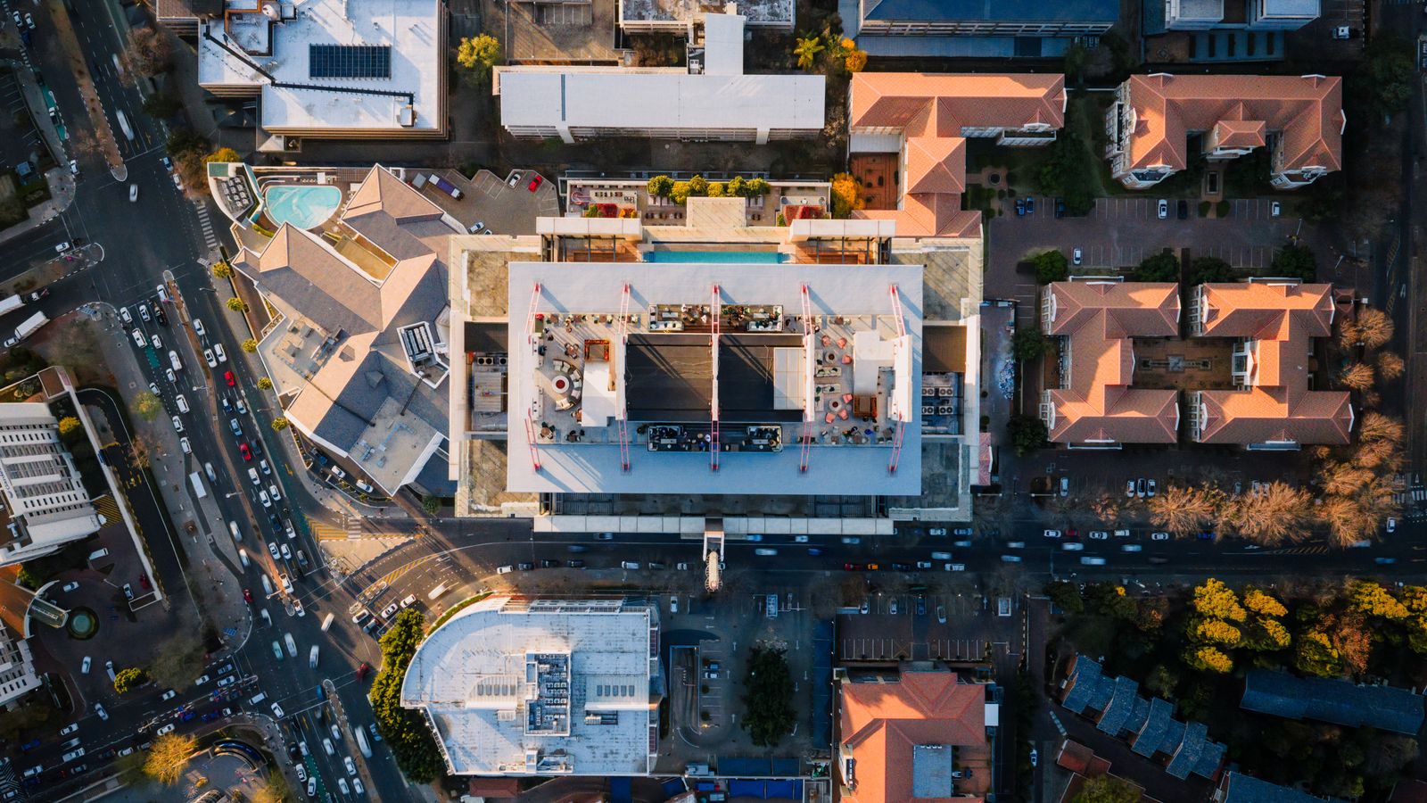 Aerial of highway interchange and industrial buildings