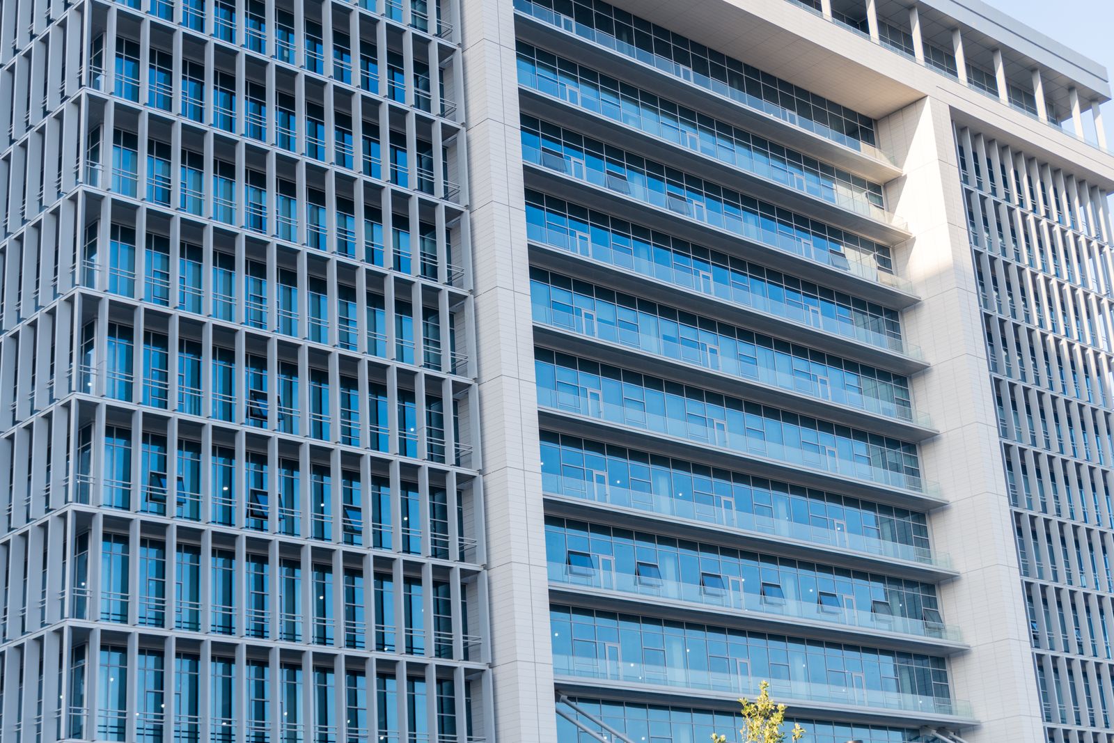 Suburban office building with landscaped grounds
