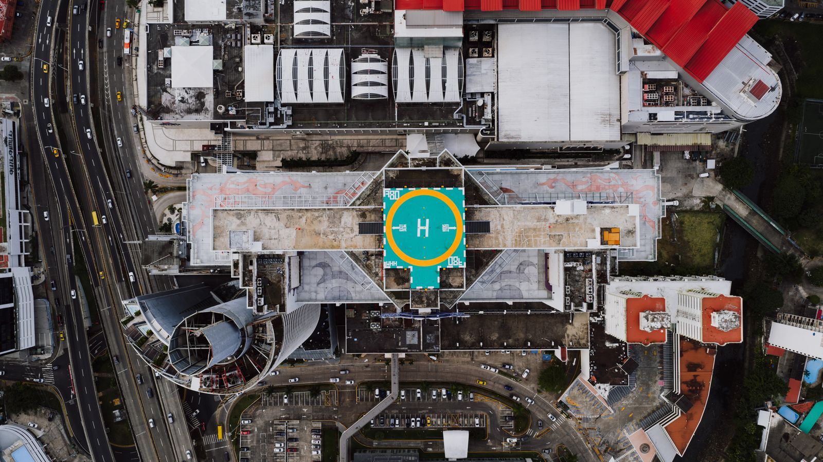 Aerial view of downtown streets and office towers