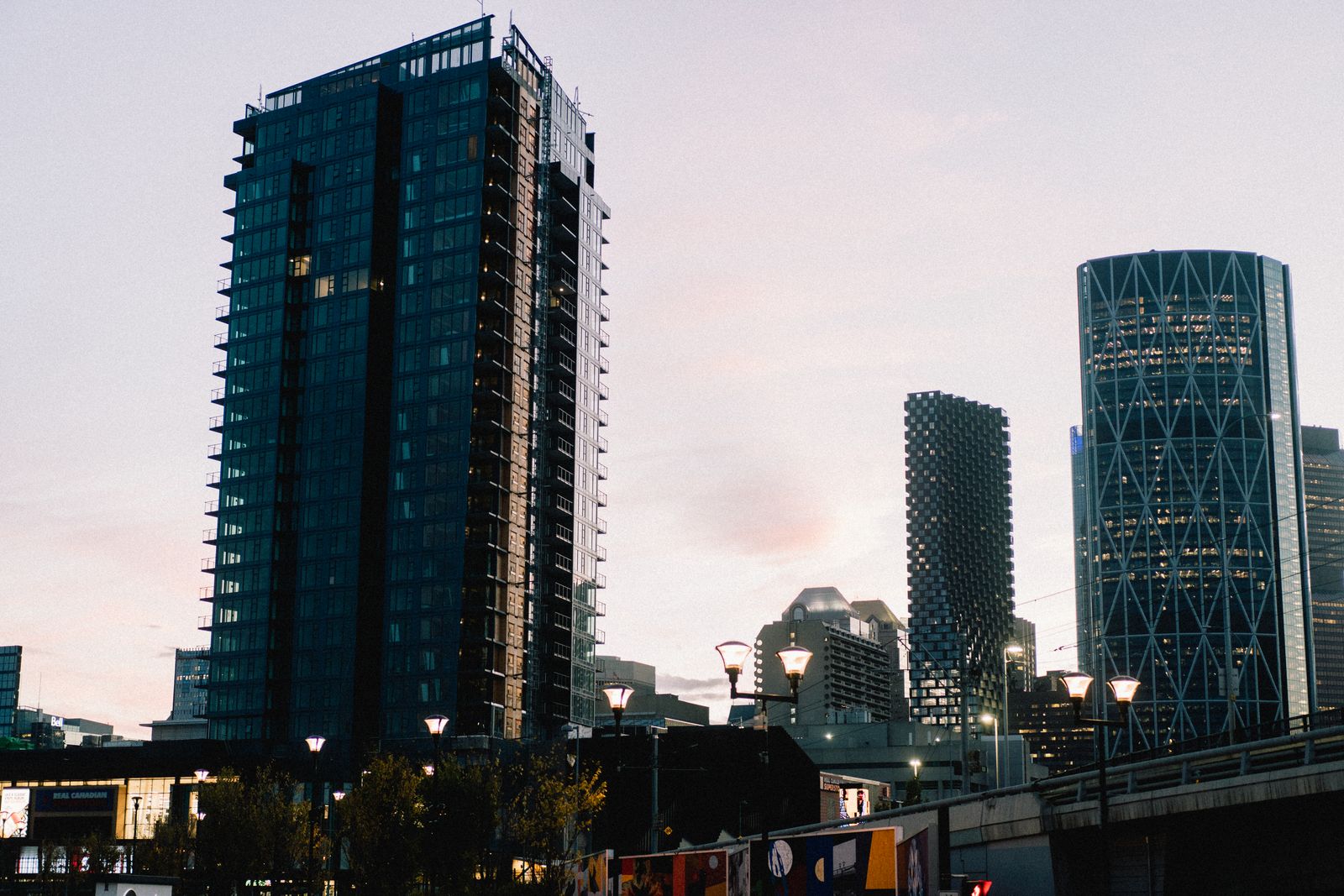 Downtown Minneapolis office towers at dusk